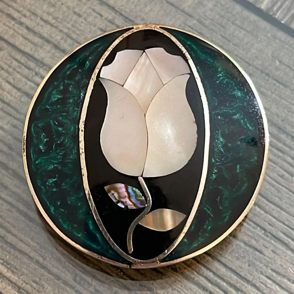 Vintage Alpaca Silver Round Tulip Pin with Mother of Pearl and Abalone Inlay